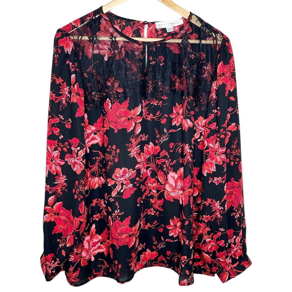 Chelsea & Theodore Lace Floral Print Top Red Black Womens 2X Whimsigoth Evening